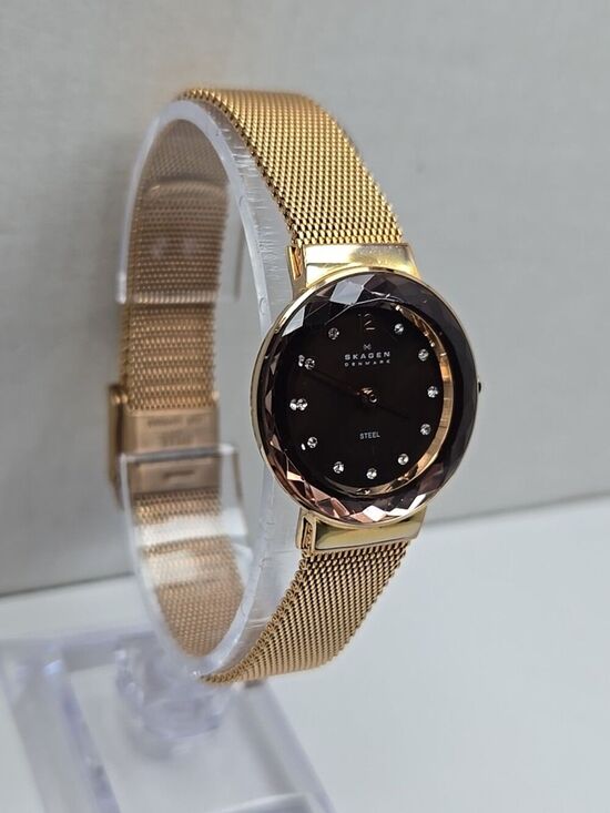 Skagen Leonora Faceted Crystal Rose Gold Mesh Watch Brown MOP New Battery main image 8